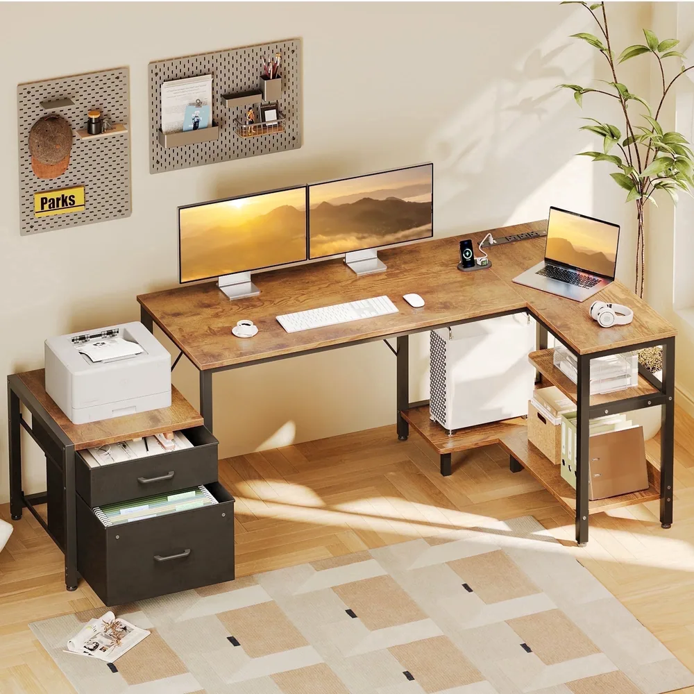 63 Inch L Shaped Desk with Power Outlets, Large Computer Desk with File Drawer, Home Office Desk with Printer Stand & Storage Shelves, Corner Desk, Vintage