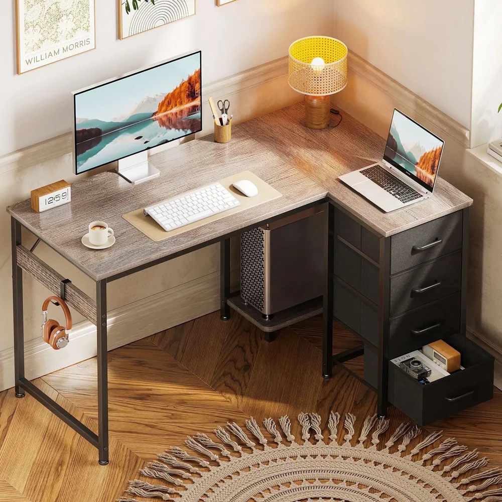 40 inch Computer Desk with 4 Fabric Drawers — Home Office Desks with Storage, Writing Desk with Side Hook, Desk Study/Work Table for Bedroom and Small Space, Oak Grey