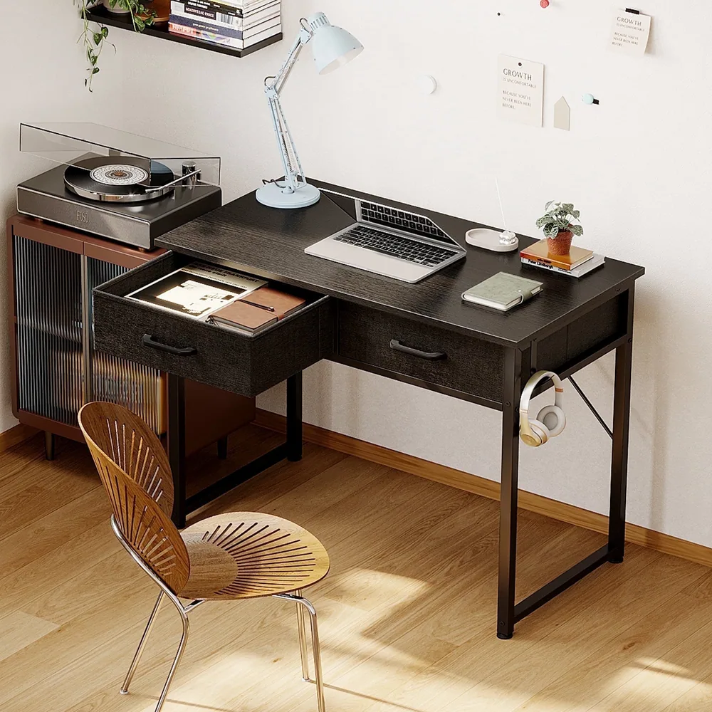32 Inch Writing Desk with 2 Fabric Drawers, Modern Study Table with Storage, Small Computer Desk for Small Space, Home Office Desk, Black